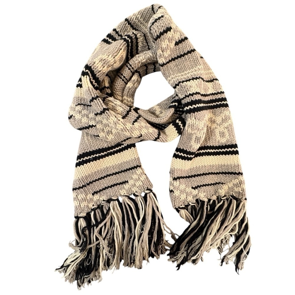 TNA Sea to Sky Scarf Chunky Knit Lambswool Gray Black Ivory Fringe RARE